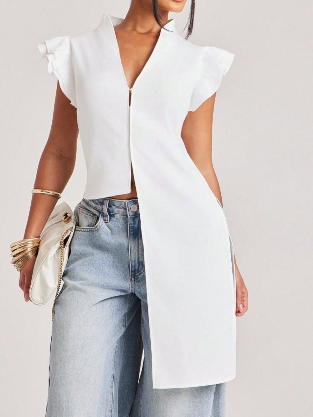 White Casual Women's Ruffle Asymmetrical Long Plain Regular Fit Top - Picture 3 of 7